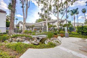Cypress apartment for rent - a garden with a bridge and palm trees in front of a house