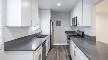 Westminster apartment for rent - A modern kitchen with white cabinets and stainless steel appliances.