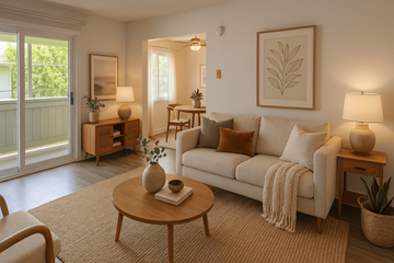 Tustin apartment for rent - A living room with a white couch, a coffee table, and a painting on the wall.