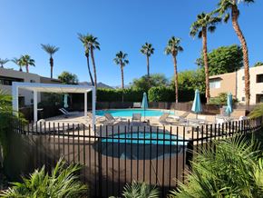 Palm Springs apartment for rent - a large pool with chairs and umbrellas and palm trees