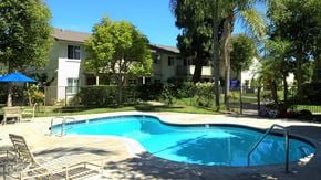 Tustin apartment for rent - Resort-style pool surrounded by lush landscaping and lounge chairs
