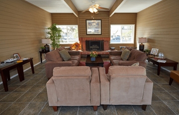 Orange apartment for rent - Two couches in a living room with a fireplace and a painting on the wall.