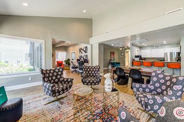 Hemet apartment for rent - A living room with a patterned chair and a rug.