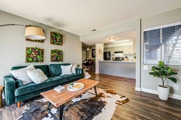 Hemet apartment for rent - A living room with a green couch and a wooden coffee table.