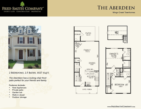 Floor plan for 2 beds, 2.5 baths, 1027 sqft