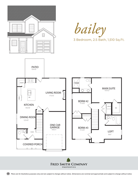 Floor plan for 3 beds, 2.5 baths, 1510 sqft