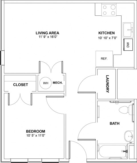 Floor plan for 1 bed, 1 bath, 606 sqft