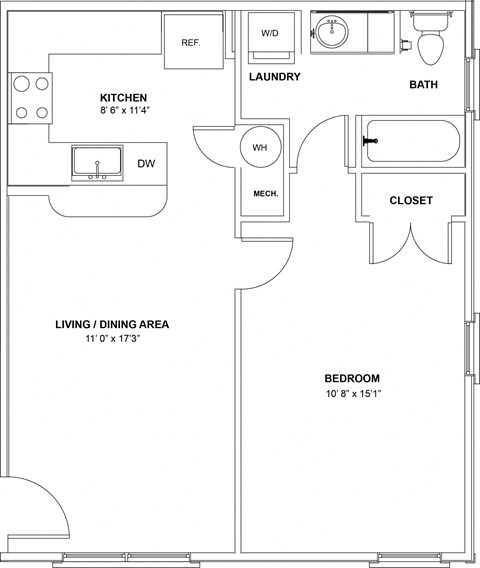 Floor plan for 1 bed, 1 bath, 590 sqft
