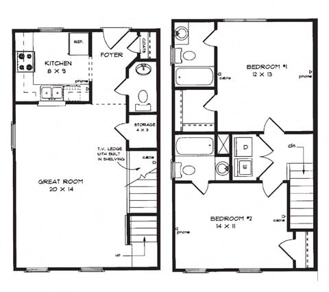 Floor plan for 2 beds, 2.5 baths, 1080 sqft