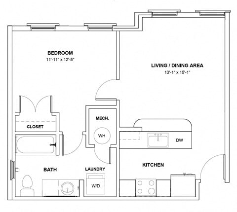 Floor plan for 1 bed, 1 bath, 603 sqft