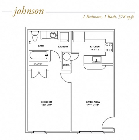 Floor plan for 1 bed, 1 bath, 578 sqft