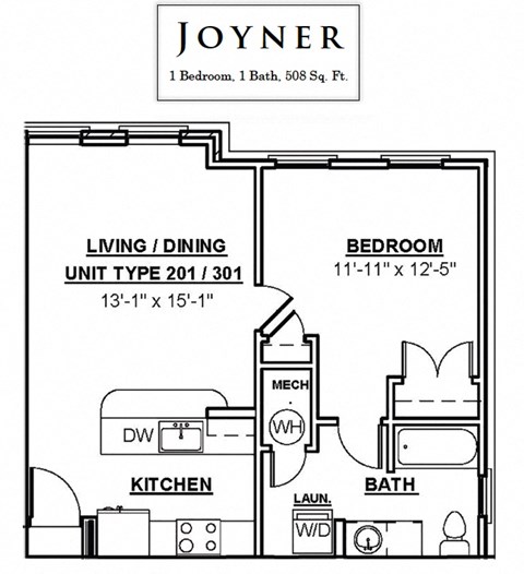 Floor plan for 1 bed, 1 bath, 508 sqft