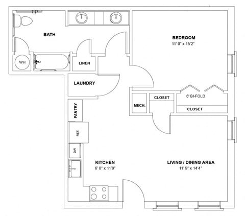 Floor plan for 1 bed, 1 bath, 666 sqft