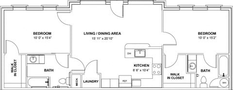 Floor plan for 2 beds, 2.5 baths, 990 sqft
