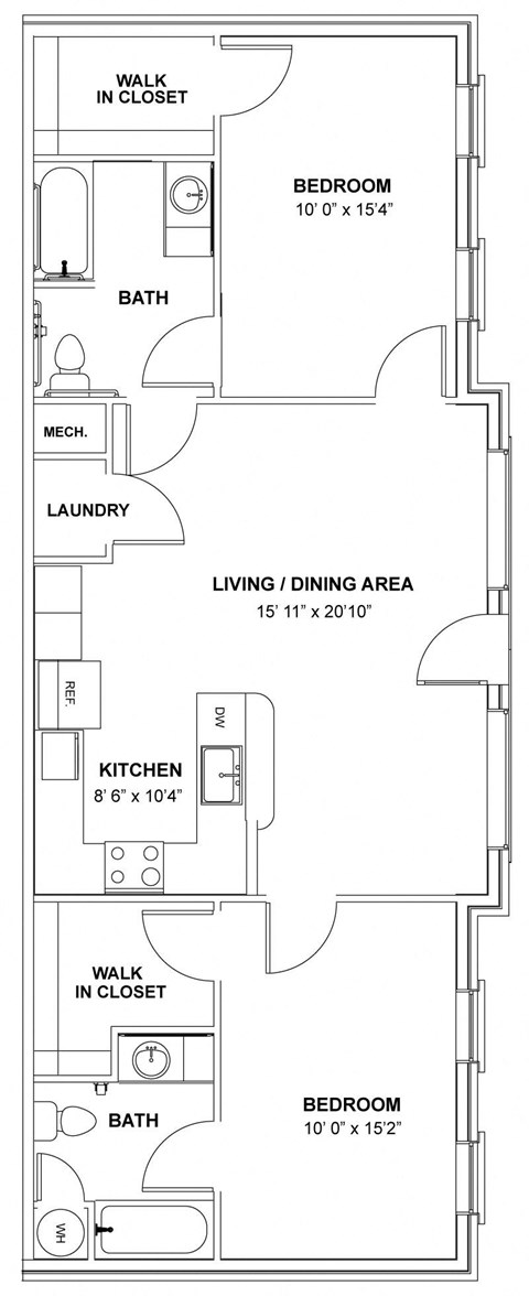 Floor plan for 2 beds, 2 baths, 990 sqft