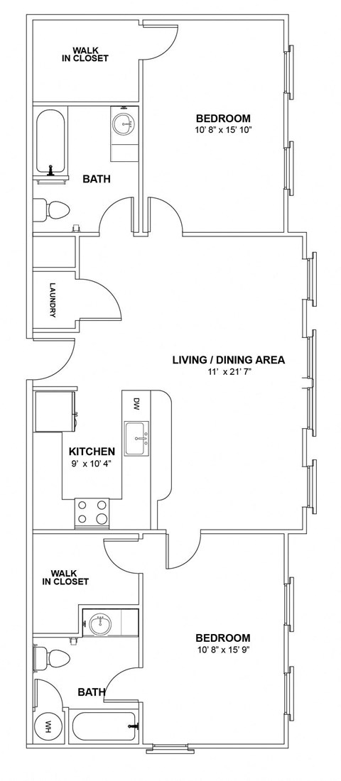 Floor plan for 2 beds, 2 baths, 971 sqft