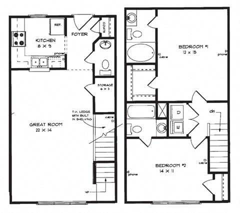 Floor plan for 2 beds, 2.5 baths, 1152 sqft