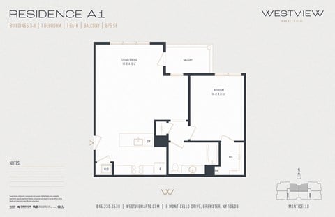 Floor plan for 1 bed, 1 bath, 875 sqft