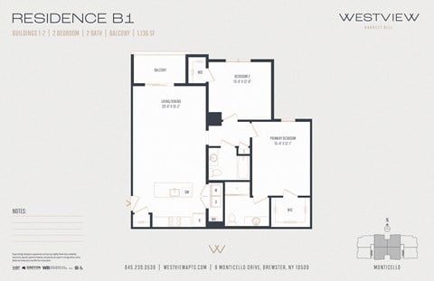 Floor plan for 2 beds, 2 baths, 1136 sqft