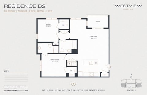 Floor plan for 2 beds, 2 baths, 1115 sqft