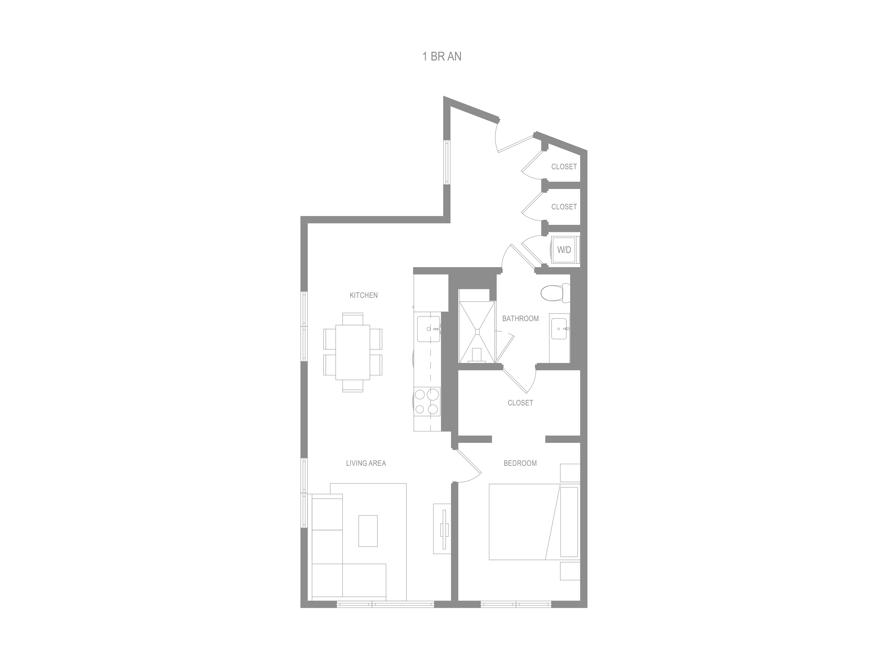 Floor plan for 1 bed, 1 bath, 870 sqft
