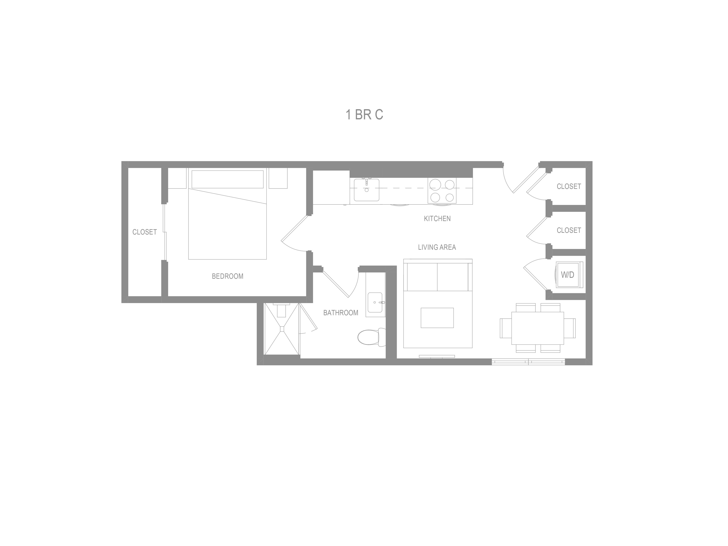 Floor plan for 1 bed, 1 bath, 580 sqft