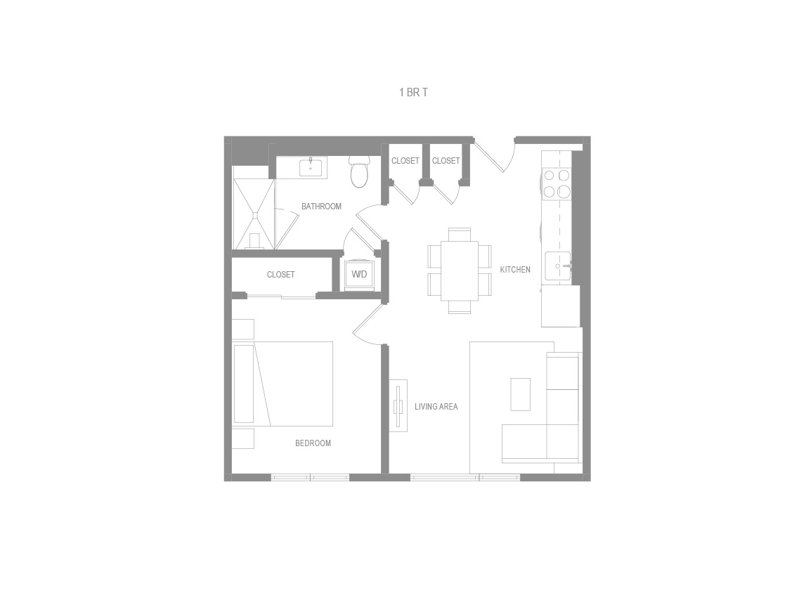 Floor plan for 1 bed, 1 bath, 700 sqft