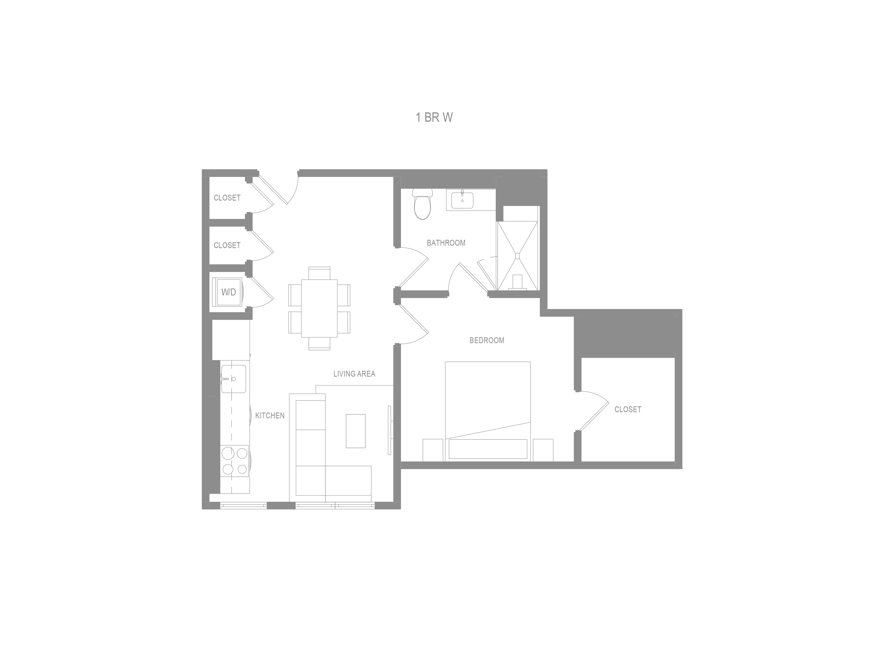 Floor plan for 1 bed, 1 bath, 720 sqft