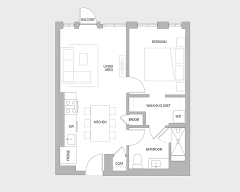 Floor plan for 1 bed, 1 bath, 640 sqft