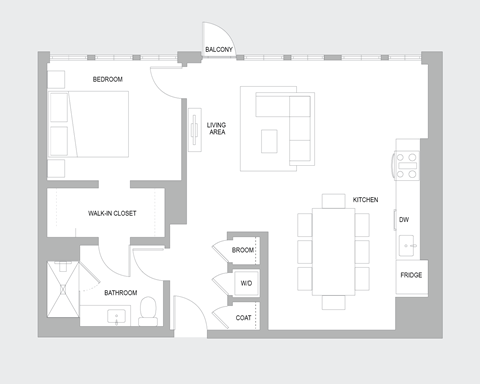 Floor plan for 1 bed, 1 bath, 950 sqft