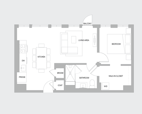 Floor plan for 1 bed, 1 bath, 940 sqft