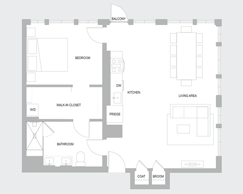 Floor plan for 1 bed, 1 bath, 1010 sqft