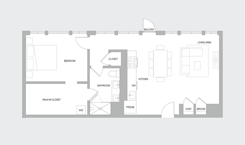 Floor plan for 1 bed, 1 bath, 1010 sqft
