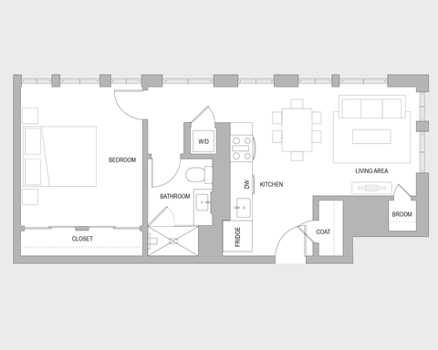 Floor plan for 1 bed, 1 bath, 760 sqft