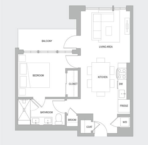 Floor plan for 1 bed, 1 bath, 660 sqft
