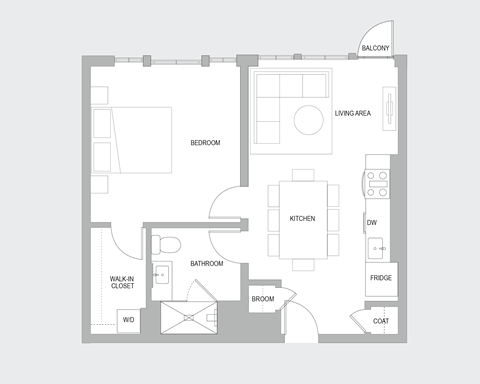 Floor plan for 1 bed, 1 bath, 690 sqft