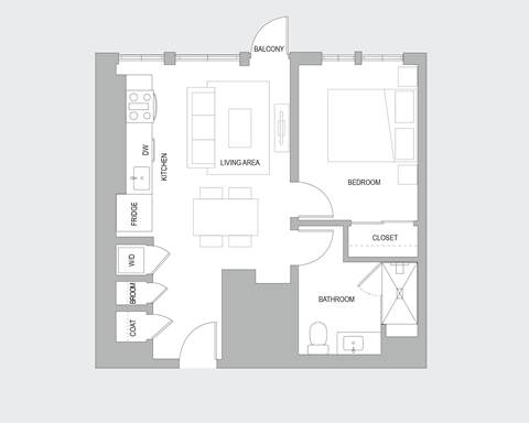 Floor plan for 1 bed, 1 bath, 660 sqft