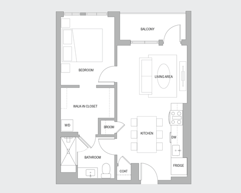 Floor plan for 1 bed, 1 bath, 700 sqft