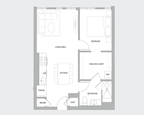 Floor plan for 1 bed, 1 bath, 760 sqft
