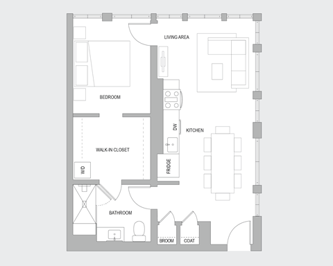 Floor plan for 1 bed, 1 bath, 800 sqft
