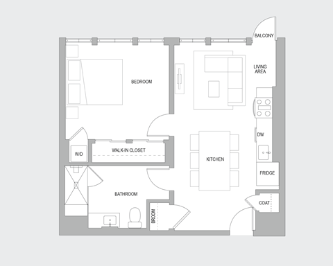 Floor plan for 1 bed, 1 bath, 770 sqft