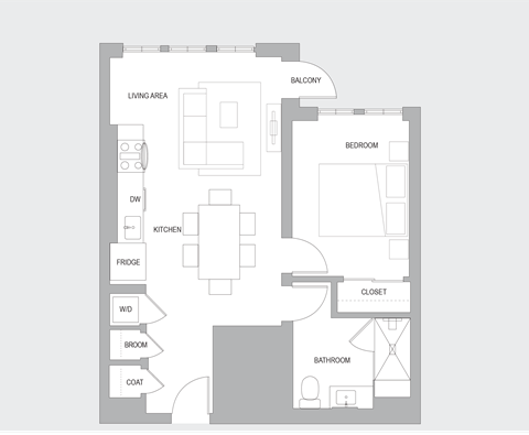 Floor plan for 1 bed, 1 bath, 760 sqft