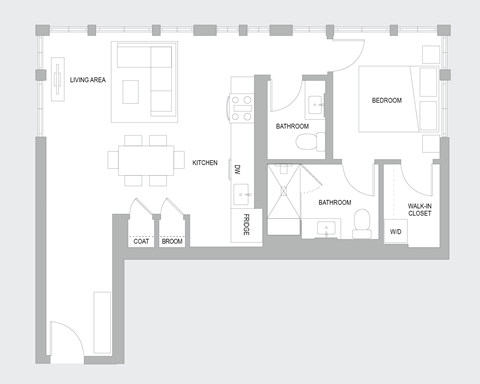 Floor plan for 1 bed, 1 bath, 840 sqft