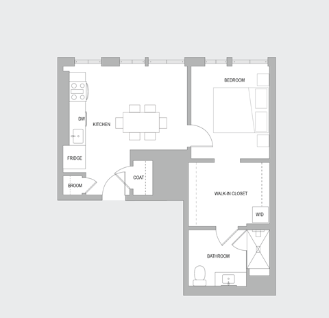 Floor plan for 1 bed, 1 bath, 810 sqft