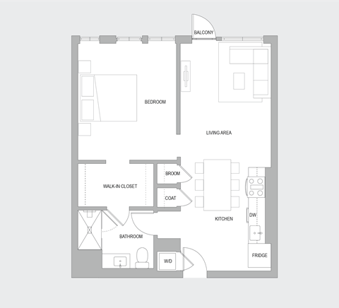 Floor plan for 1 bed, 1 bath, 820 sqft