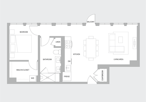Floor plan for 1 bed, 1 bath, 890 sqft