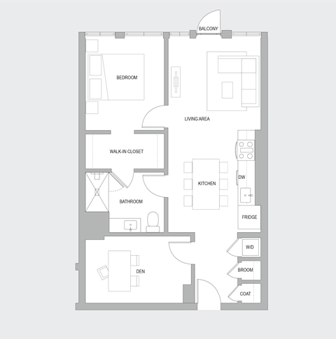 Floor plan for 1 bed, 1 bath, 880 sqft
