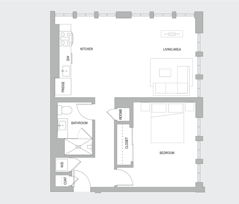 Floor plan for 1 bed, 1 bath, 910 sqft