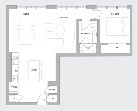 Floor plan for 1 bed, 1 bath, 960 sqft