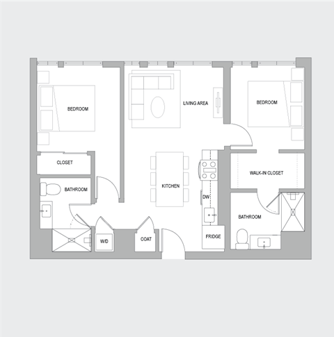 Floor plan for 2 beds, 2 baths, 970 sqft